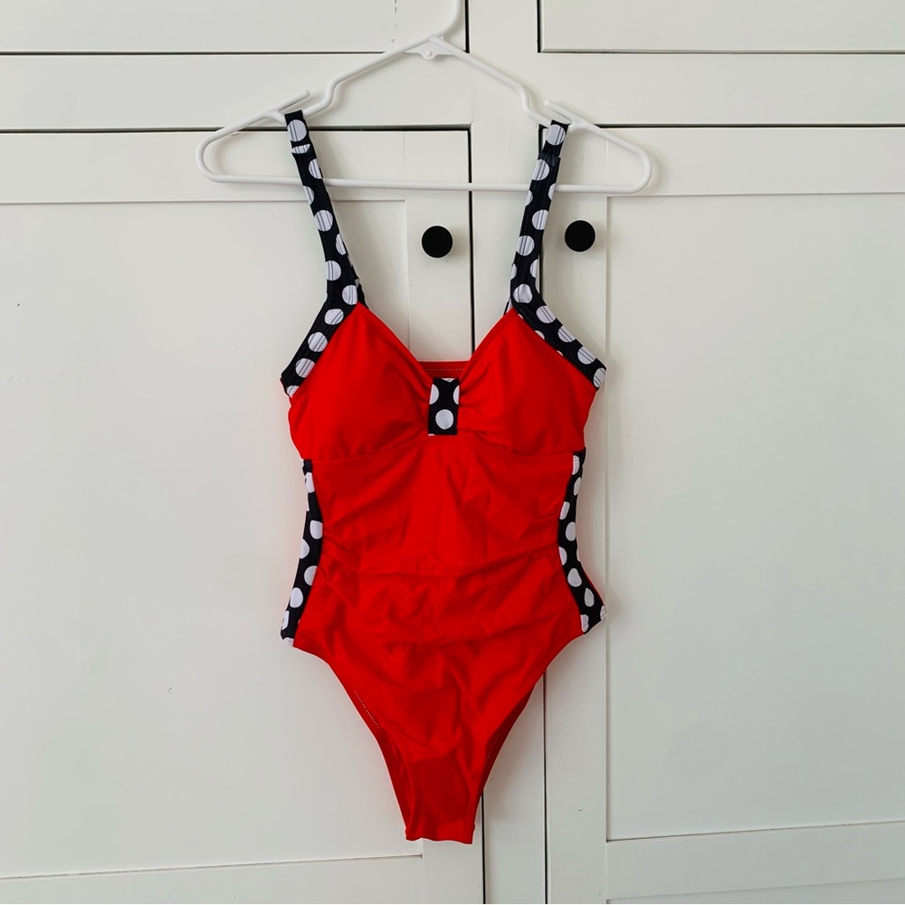 Shein Red Black Polka Dot One Piece Swimsuit